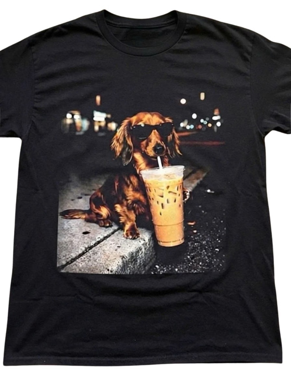 Black Tee with Dachshund Wearing Sunglasses and Iced Coffee Graphic